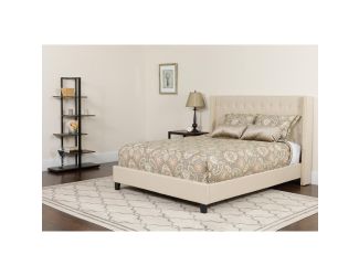 Full Size Tufted Beige Fabric Platform Bed with Accent Nail Trim & Mattress