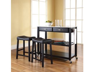Stainless Top Kitchen Cart/Island w/24" Upholstered Stools