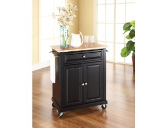 Natural Wood Top Portable Kitchen Cart in Black Finish