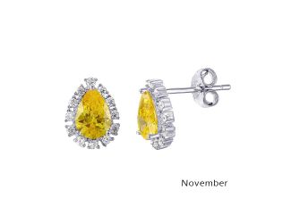 PARIKHS Rhodium Plated Teardrop Halo CZ November Birthstone Earring in 925 Sterling Silver