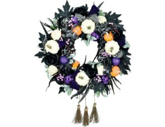 24-in. Halloween Wreath with Pumpkins, Brooms, and Black Leaves