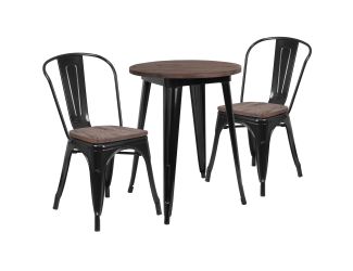 24" Round Black Metal Table Set with Wood Top and 2 Stack Chairs