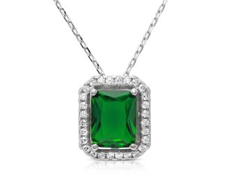 PARIKHS Rhodium Plated Green Square Halo Pendant with chain in 925 Sterling Silver