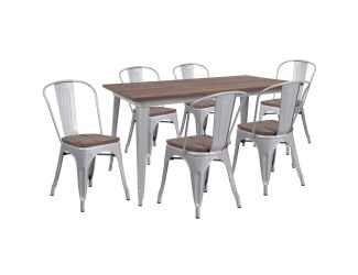 30.25" x 60" Silver Metal Table Set with Wood Top and 6 Stack Chairs