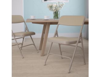 Curved Triple Braced & Double Hinged Beige Vinyl Metal Folding Chair