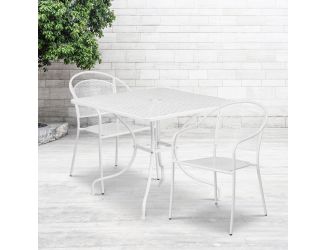 35.5" Square White Indoor-Outdoor Steel Patio Table Set w/ 2 Round Back Chairs