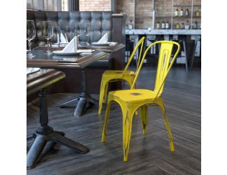 Distressed Yellow Metal Indoor-Outdoor Stackable Chair - Kitchen Furniture