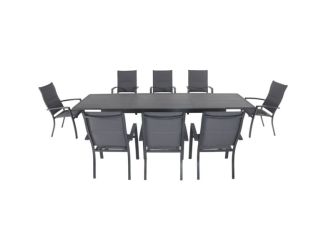 Naples 9-Piece Outdoor Dining Set with 8 Padded Sling Chairs in Gray and a 40" x 118" Expandable Din