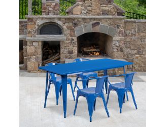 31.5" x 63" Rectangular Blue Metal Indoor-Outdoor Table Set with 4 Arm Chairs