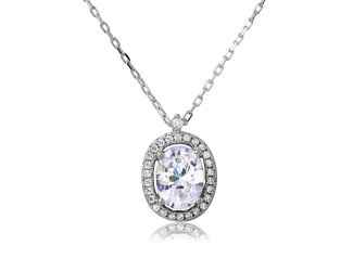 PARIKHS Rhodium Plated Oval Halo CZ Necklace in 925 Sterling Silver