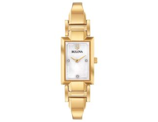 Ladies Gold Tone Tank Cuff Watch Mother of Pearl Dial