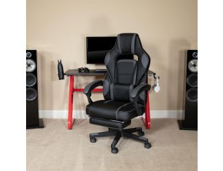 Gaming Bundle-Cup/Headphone Desk & Black Reclining Footrest Chair