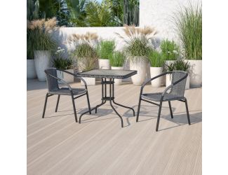28" SQ Glass Metal Table with Gray Rattan Edging and 2 Gray Rattan Stack Chairs