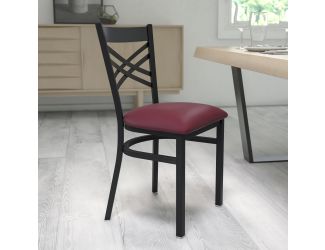 Black "X" Back Metal Restaurant Chair - Burgundy Vinyl Seat