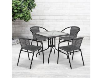 28" SQ Glass Metal Table with Gray Rattan Edging and 4 Gray Rattan Stack Chairs