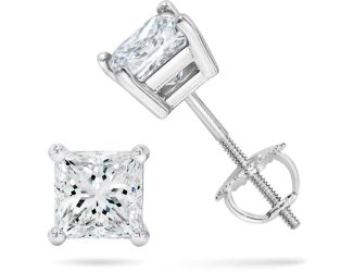 PARIKHS Princess Cut  Diamond Screw Back Stud 14K White Gold 0.09ct IJ Color,SI1 Clarity