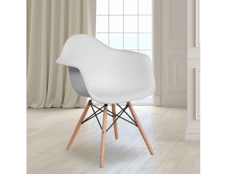 White Plastic Chair with Arms and Wooden Legs - Accent & Side Chair