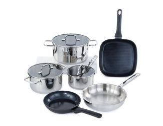 DiNA Helix 9pc Recycled Stainless Steel Cookware Set with Non-Stick Ceramic Fry and Grill Pan