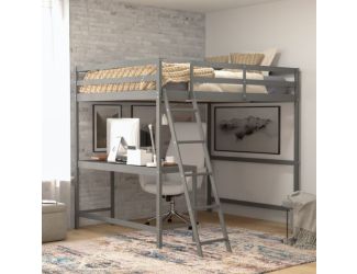 Full Size Traditional Wood Slat Loft Bed with Integrated Desk & Ladder-Lt Gray