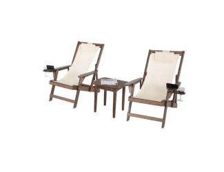 Romantic Collection - 2 Canvas Sling Chairs w/Beverage Holder & 1 End Table - Dark Brown, Beige