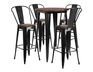 30" Round Black Metal Bar Table Set with Wood Top and 4 Stools