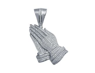 PARIKHS Men's Rhodium Plated Cz Praying Hands Hip Hop Pendant with chain in 925 Sterling Silver