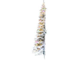 6.5-ft. Snowy  Christmas Half Tree with Flock, Warm White LED, and Frosted G40 Multicolored Lighting