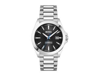 Men's Strike Silver-Tone Stainless Steel Watch Black Patterned Dial