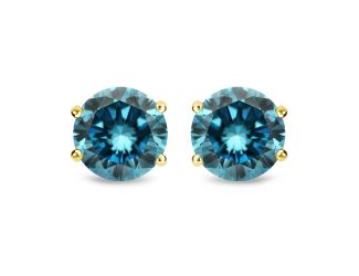 Certified PARIKHS Blue Round AA Quality Diamond Stud in 14k Yellow Gold 0.55ct