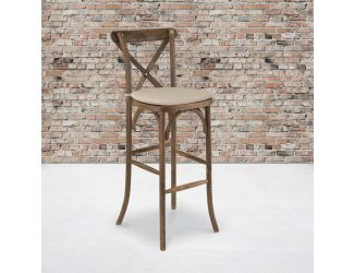 350lb. Rated Dark Antique Wood Cross Back Stackable Barstool with Cushion