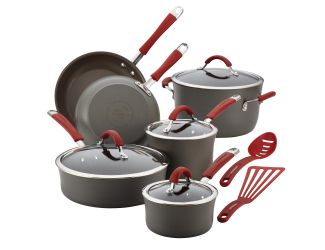 12pc Cucina Hard-Anodized Cookware Set Red Handles