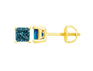 PARIKHS Blue Princess cut AAA Quality Diamond Screw back Stud in 14k Yellow Gold 0.20ct