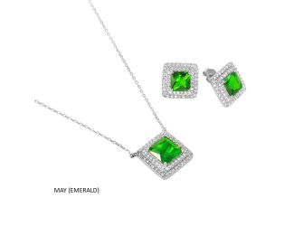 PARIKHS Rhodium Plated Square Emerald and CZ Cluster May Birthstone Set in 925 Sterling Silver