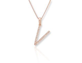 PARIKHS Initial Pendant Alphabet 'V' in CZ with chain in 925 Sterling Silver with Rose Plating