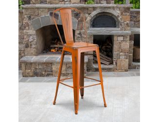 30" High Distressed Orange Metal Indoor-Outdoor Barstool with Back