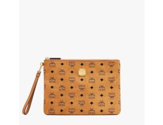 Wristlet Zip Pouch in Visetos Original - Cognac
