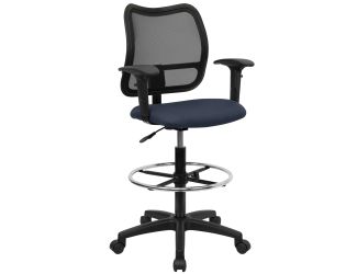 Mid-Back Navy Blue Mesh Drafting Chair with Adjustable Arms