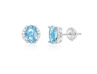 Sterling Silver Oval Blue Topaz Halo Studs