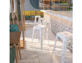 30" High Backless Distressed White Metal Indoor-Outdoor Barstool - Patio Chair