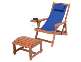 Romantic Collection - Canvas Sling Chair w/Beverage Holder & Ottoman - Walnut & Blue