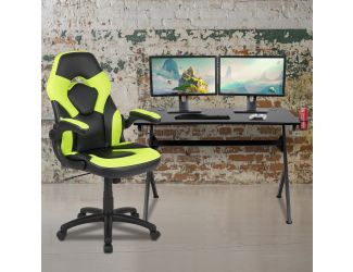 Black/Green Gaming Desk Bundle - Cup/Headphone Holders, Wire Management