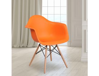 Orange Plastic Chair with Arms and Wooden Legs - Accent & Side Chair
