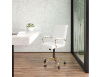 Mid-Back White LeatherSoft Executive Swivel Office Chair with Gold Frame/Arms
