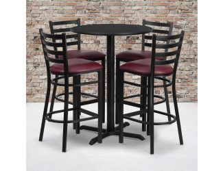 30" Round Black Laminate Table with X-Base and 4 Ladder Back Metal Barstools
