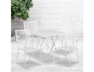 28" Square White Indoor-Outdoor Steel Folding Patio Table Set with 4 Chairs