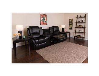 3-Seat Reclining Pillow Back Black LeatherSoft Theater Seating Unit-Cup Holders