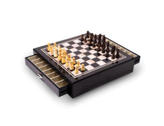 Carbon Fiber & Mother of Pearl Design Chess Set w/Accessory Drawers