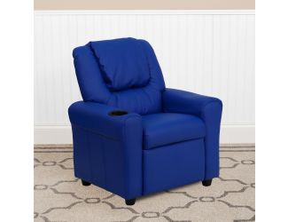 Contemporary Blue Vinyl Kids Recliner with Cup Holder and Headrest