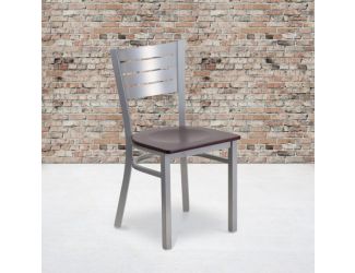 Silver Slat Back Metal Restaurant Chair - Mahogany Wood Seat