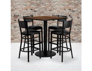 36" Square Walnut Laminate Table Set with 4 Metal Barstools - Black Vinyl Seat